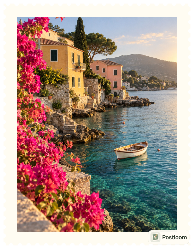 A colorful seaside photo with perforated stamp edges and the Postloom signature